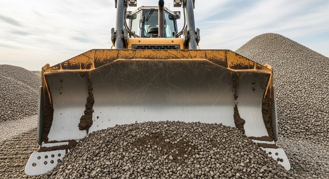 A front-facing close-up shot of a massive steel bulldozer blade filled with grey crushed stone