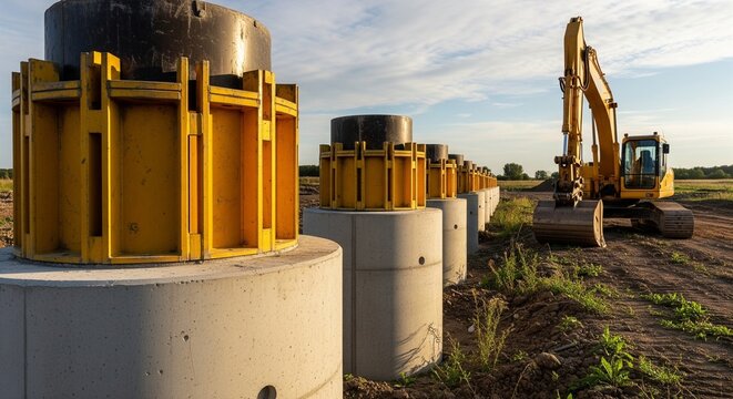 A row of massive concrete bridge pillar foundations under construction in a field with an excavator in the background