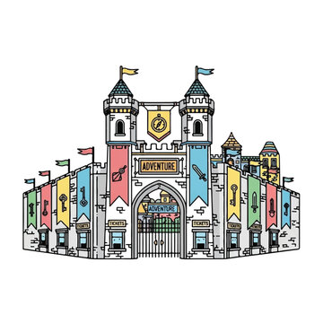 Colorful Castle Entrance with Flags.