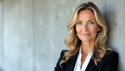 Fototapeta premium Mature blonde woman with blue eyes smiles confidently. She wears a black blazer and white shirt. Woman poses against a grey wall. She has wavy hair and earrings.
