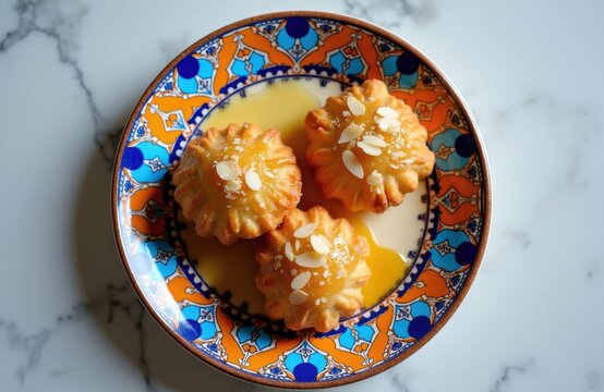 Three chebakia pastries with honey glaze and almond slivers on ornate plate. Traditional Moroccan sweets, baked with sesame seeds, served for Ramadan.