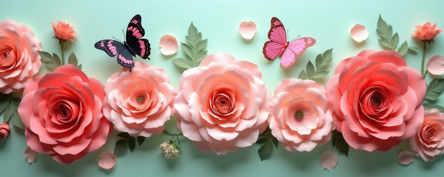 Coral and blush paper roses with butterflies and petals scattered on a soft mint background. Handmade floral arrangement, delicate decorative blossoms, spring celebration or anniversary theme.