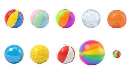 Obraz premium Collection of various colorful inflatable beach balls, transparent background