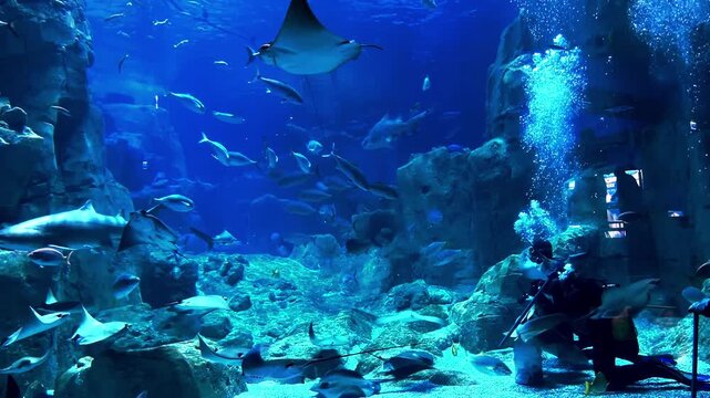 Scuba divers feeding sharks inside large aquarium tank with bubbles rising and controlled underwater environment, shot handheld, 4k footage