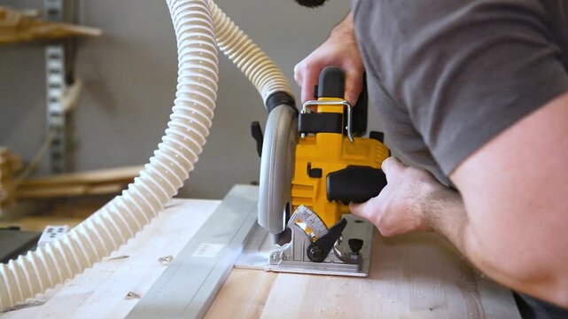 Close up view of Carpenter using electric circular saw to cut wood during construction or renovation work. Close up view of power tool in action in a workshop.