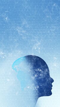 Global AI mind technology shows human head world map, data symbols, glowing network connections. artificial intelligence explainers, digital transformation, science , cyber themes, innovation promos.