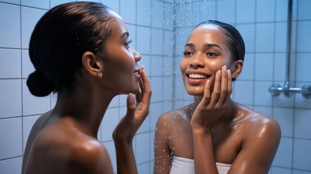 A young woman washing her face under a refreshing shower in a tiled bathroom