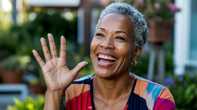 Smiling senior african woman with short gray hair waving her hand in greeting outdoors in a colorful shirt