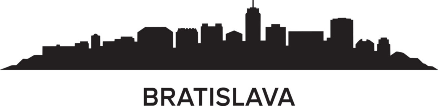 Bratislava skyline silhouette illustration with text below modern cityscape architecture with urban