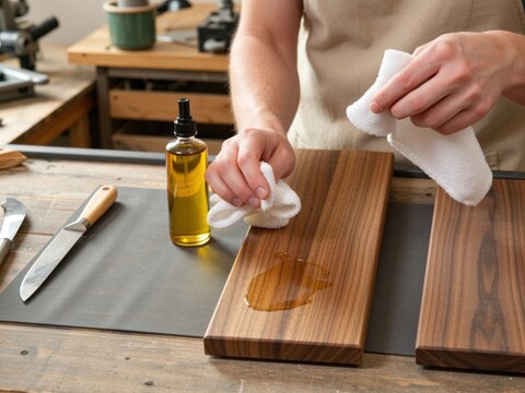 Person oiling wood cutting board in workshop