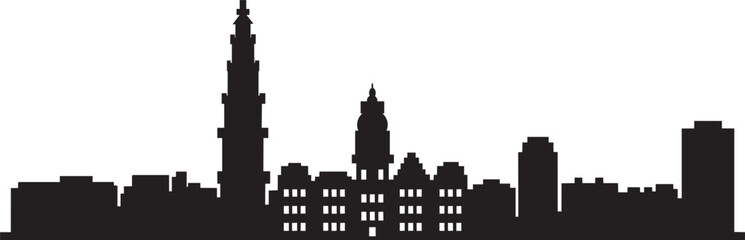 Fototapeta premium Cityscape skyline silhouette with multiple buildings and towers on a white background with dome