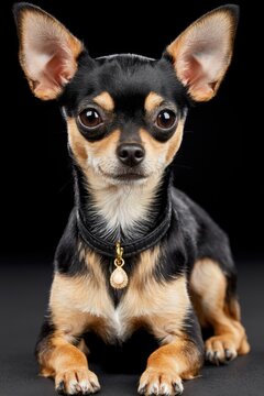Small chihuahua dog with black and tan fur, wearing a collar, sitting on a dark background, showcasing its alert expression and distinct features