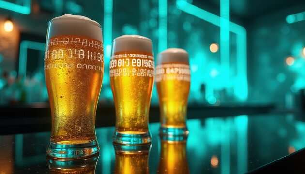 Three glasses of beer with binary code on them. They sit on a bar with neon blue lights. Bubbles rise in the golden liquid inside the glasses. This represents modern digital tech and classic beverage.