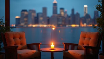 Obraz premium Two armchairs and a small table sit on a balcony with a burning candle. Blurred city lights twinkle across the water at dusk. Peaceful urban retreat.