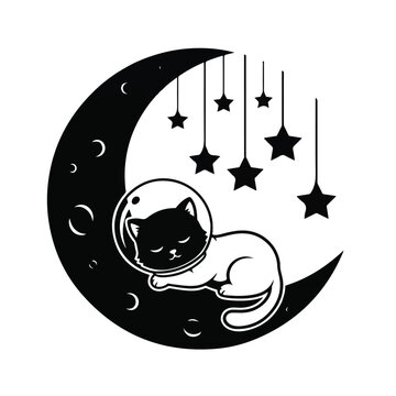 Black Cat Sleeping on Crescent Moon.