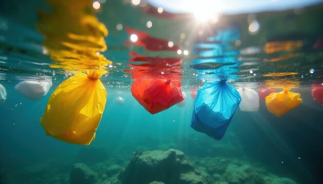 Colorful plastic bags float on water surface near city. Environmental pollution issue affects marine life and ocean. Urgent waste management needed for a cleaner planet.
