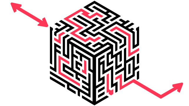 Isometric cube maze with red path arrow &ndash; Ideal for logistics planning, complexity management, or puzzle-solving apps.