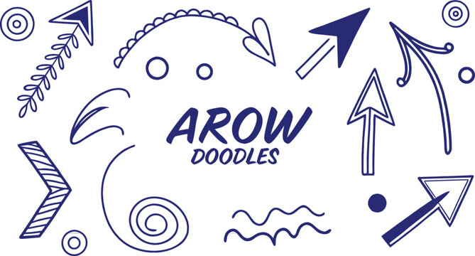 Various blue hand drawn arrow doodles, decorative swirls and shapes on black background