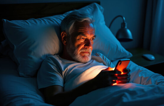 Elderly man lies in bed at night, illuminated by smartphone screen glow. He scrolls social media, browses internet, and stays awake late. Digital addiction impacts his rest and wellbeing.