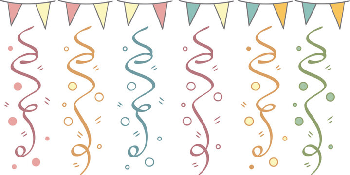 Colorful party streamers and bunting flags hanging down on a plain white background set