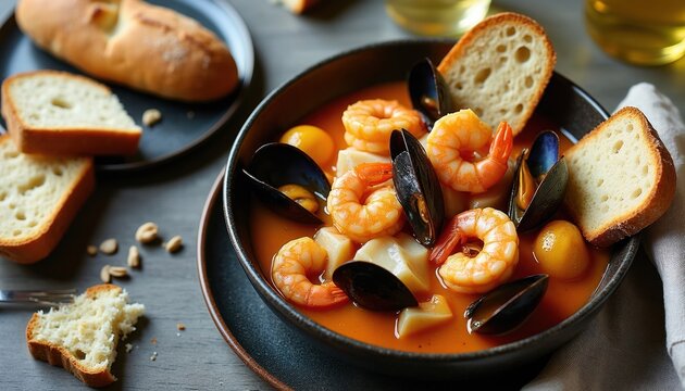 Hot seafood stew in dark bowl with shrimp, mussels, fish pieces. Served with crusty bread slices and yellow tomatoes. Rich ocean flavor, hearty meal on rustic table.