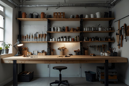 Organized workshop space featuring a spacious wooden workbench, shelves brimming with hand tools, pottery, and crafting supplies, inspiring creativity and skill