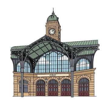 Vintage train station clock tower building.
