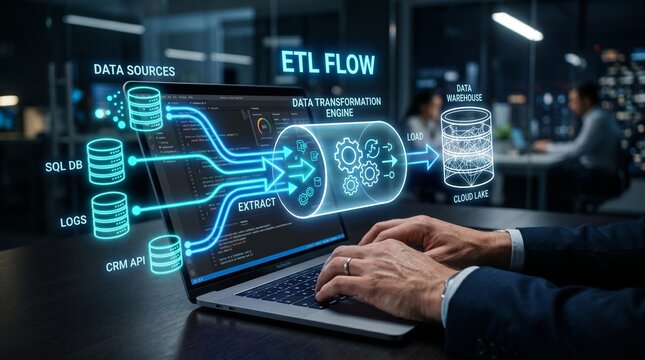 Database and datastore. Data migration and transformation. Engineer holding database icons in data flow diagram.