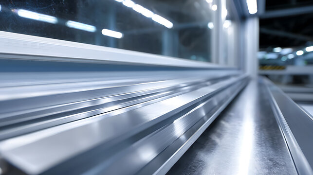 Abstract View of Industrial Metal Profiles with Blurred Background, Reflective Surfaces, and Clean Lines in a Modern Setting