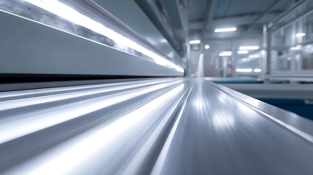Dynamic Perspective of an Industrial Conveyor Belt in a Modern Factory or Warehouse with Bright Lighting and Motion Blur