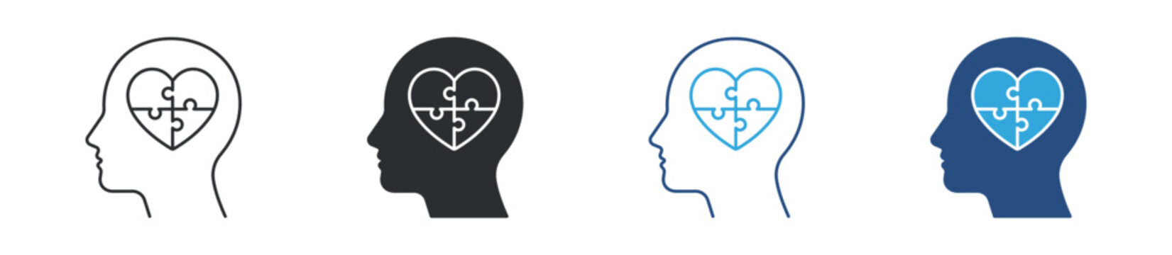 Mind puzzle icon set. human head with heart puzzle pieces. psychology and emotional intelligence concept. vector illustration.