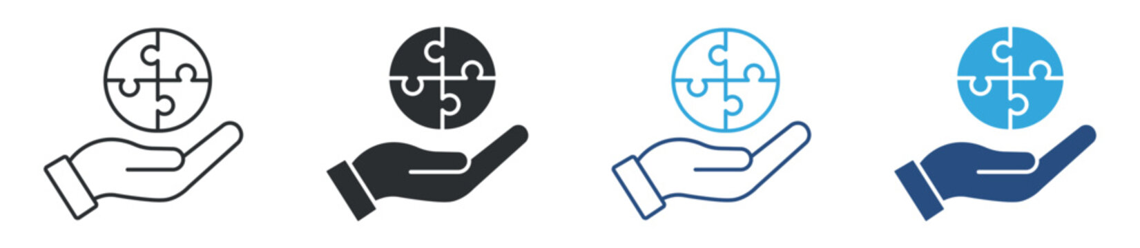 Solution puzzle icon set. hand holding puzzle pieces circle. problem solving and integration concept. vector illustration.