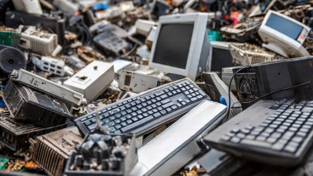 Electronic Waste Heap with Old Computers and Keyboards