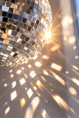 Sparkling disco ball reflecting light patterns on wall