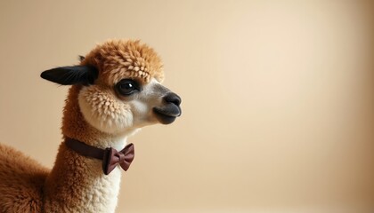 Fototapeta premium Alpaca wears brown bow tie, poses indoors. Cute fluffy mammal with soft fur, light brown coat, and big dark eyes looking forward. Domesticated animal wears accessory.