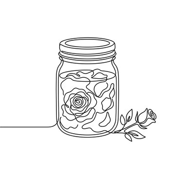Rose petal jam in a jar with a rose flower lying beside it, minimalist continuous line art, black and white