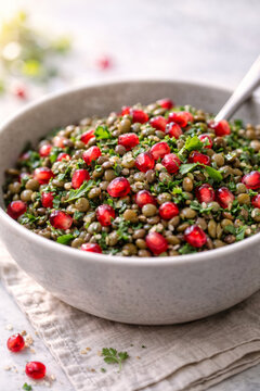 Fresh lentil salad with pomegranate and parsley in bowl
