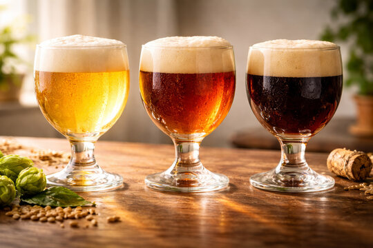 Three glasses of craft beer on a wooden table