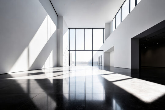 Modern spacious interior with large windows and natural light