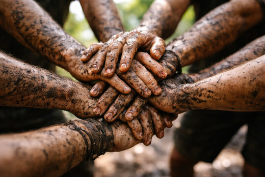 Teamwork and unity shown through hands covered in mud