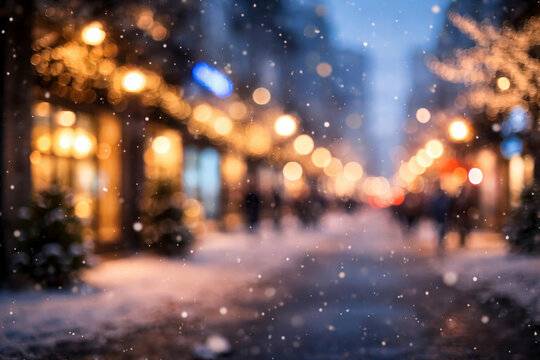 Snowy evening street decorated with lights and festive ambiance