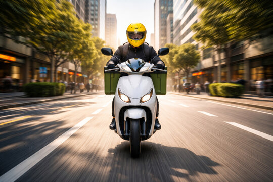 Delivery rider on scooter navigating busy city street in motion