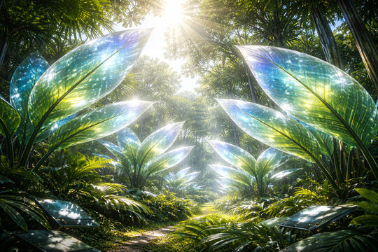 Lush jungle with vibrant leaves and sunlight filtering through trees