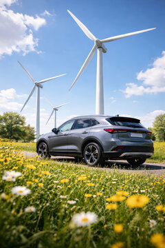 Modern suv parked among wind turbines and wildflowers in nature