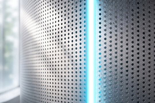 Metallic surface with holes and glowing blue light strip