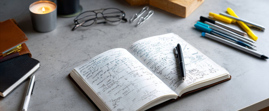 Open notebook with handwritten notes and pen on gray desk surrounded by glasses, candle, notebooks, and colorful pens