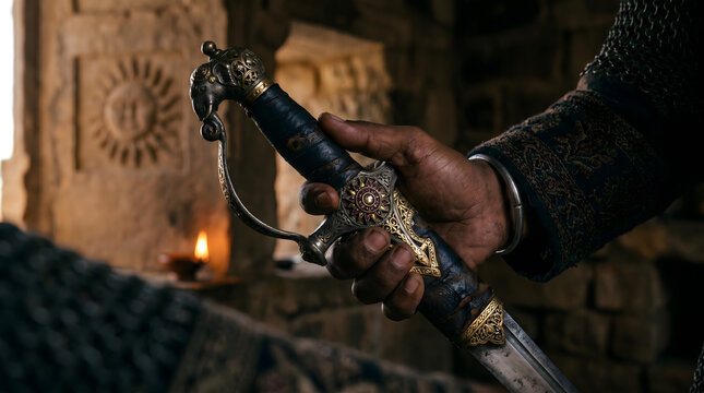 Rajput warrior hand holding ornate sword hilt jewel temple stone sun carving candlelight