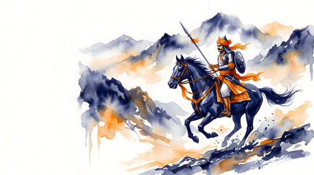 Maharana Pratap warrior horse spear mountain watercolor art orange blue sky