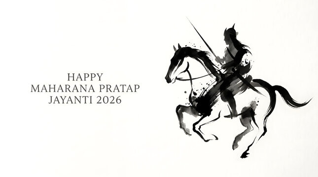 Happy Maharana Pratap Jayanti 2026 Ink Warrior Rider Horse Sword Black White Greeting Card