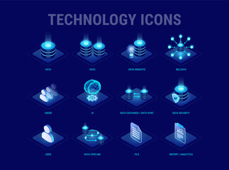 Fototapeta na wymiar Technology icons set for workflow diagram - Big data, AI, users, database, security, data sync, report, pipeline - best isometrics vector